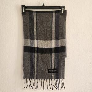 Italian Woollen Treasures Gray Plaid Fringe Scarf 100% Lambswool‎ Made in Italy